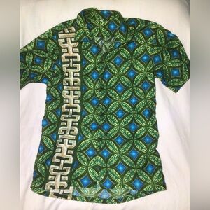 Vintage ￼Hawaiian Shirt Mens Green/Blue Flower of Life  M medium
